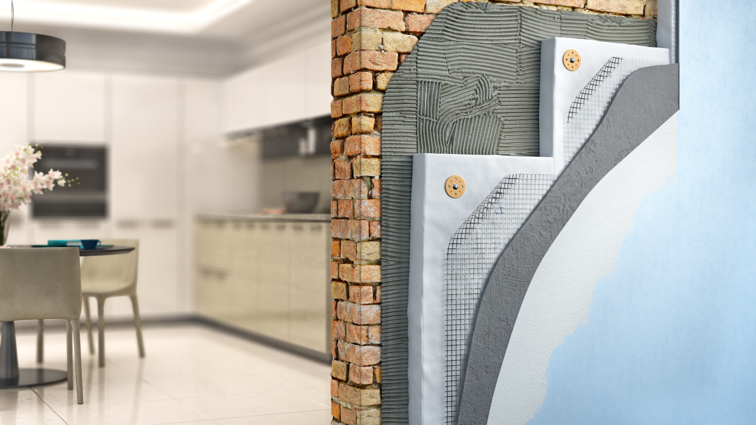 Brickwall thermal insulation by styrofoam with kitchen interior